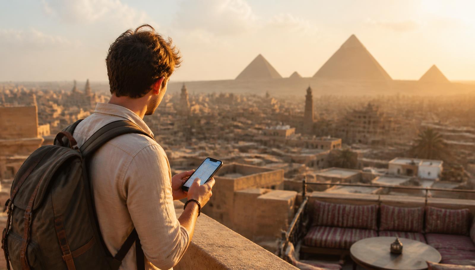 Traveller with a backpack checking a map app on a smartphone above the Cairo skyline, with the Giza pyramids in the distance
